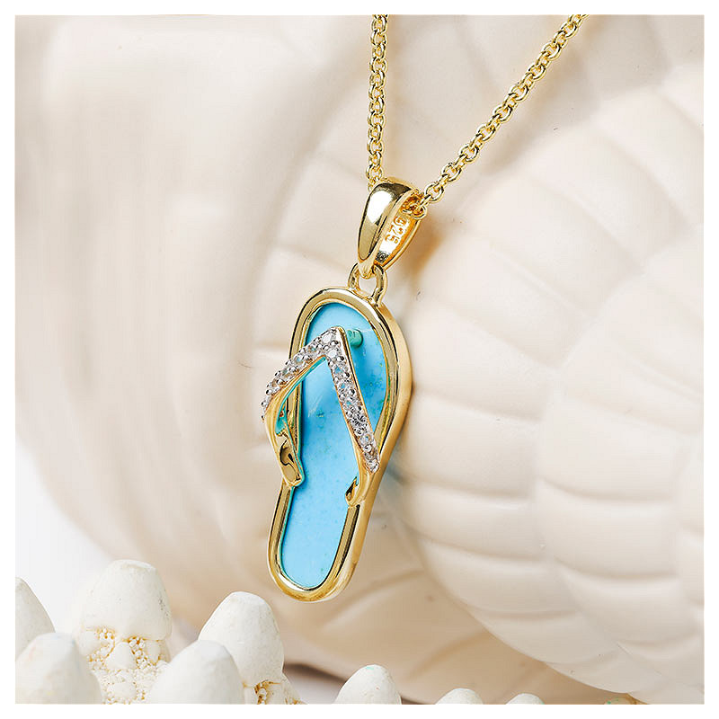 Ocean - Sterling Silver - Gold Vermeil White Lab Sapphire Turquoise Flip-Flop Necklace