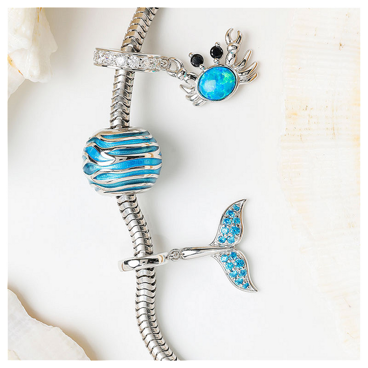 Ocean - Sterling Silver - Blue Round Enamel Wave Bead Charm