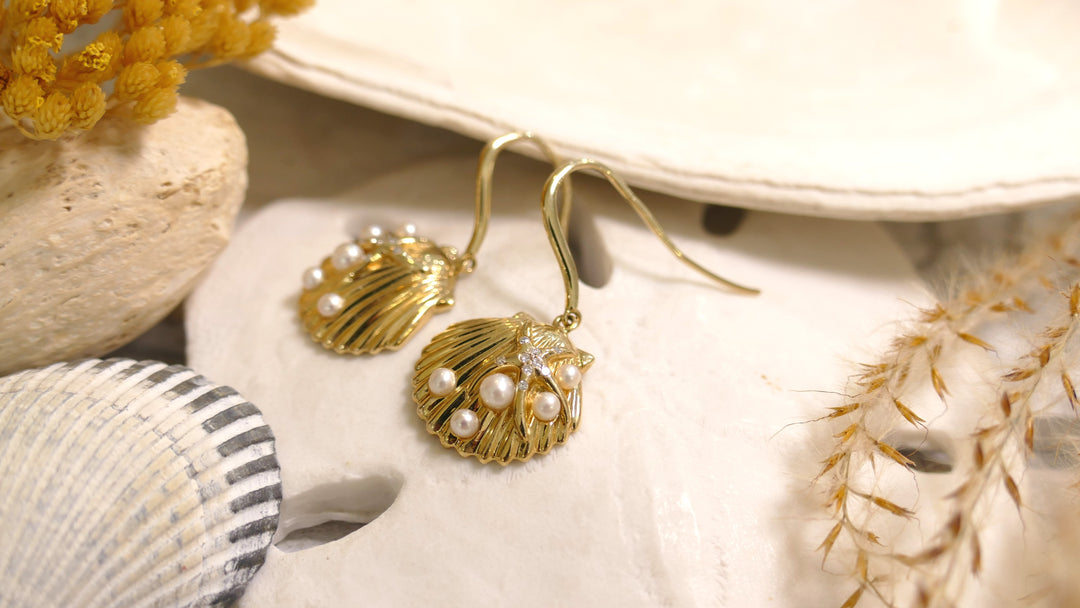14k - Yellow Gold Starfish + Cultured Pearls 0.08ct Natural Diamond Shell Dangle Earrings
