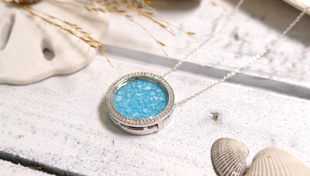 Dune - Sterling Silver - Silver Locket - Turquoise & Sand Round Natural Diamond Necklace