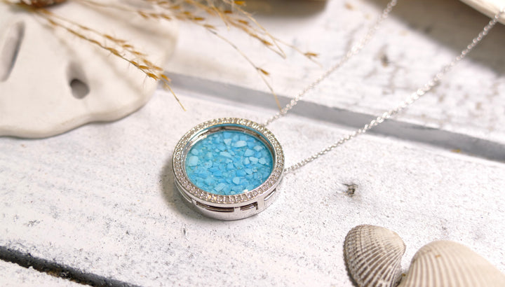 Dune - Sterling Silver - Silver Locket - Turquoise & Sand Round Natural Diamond Necklace