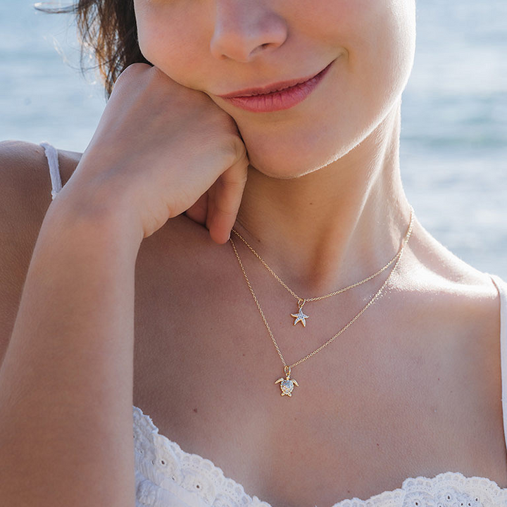 Ocean - - Gold Vermeil White Sapphire Turtle Necklace