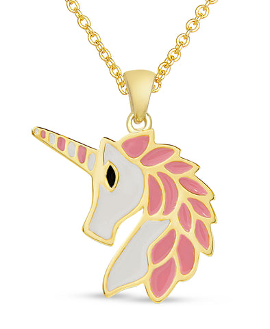 Lily Nily - Brass - 18K Gold Plated -Pink & White- Emerald Unicorn Necklace 14-16"