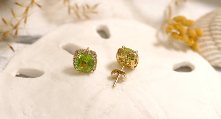 14k Yellow Gold Cushion 0.15ct Peridot Diamond Halo Stud Earrings