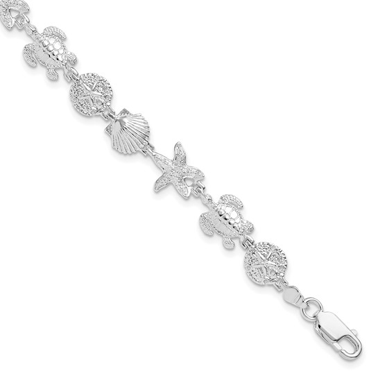 Sterling Silver - Silver Polished & Textured Sea Life Bracelet 7.25"