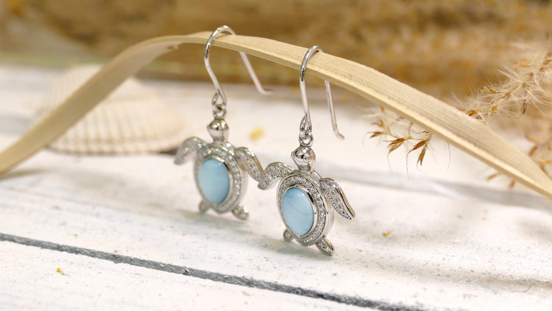 Sterling Silver - Silver CZ Larimar Turtle Dangle Earrings