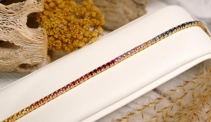 14k Yellow Gold Sapphire Rainbow Gradient Tennis Bracelet