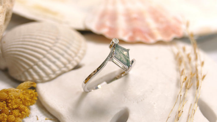 14k White Gold Natural Diamond Moss Agate - Kite Shape Ring