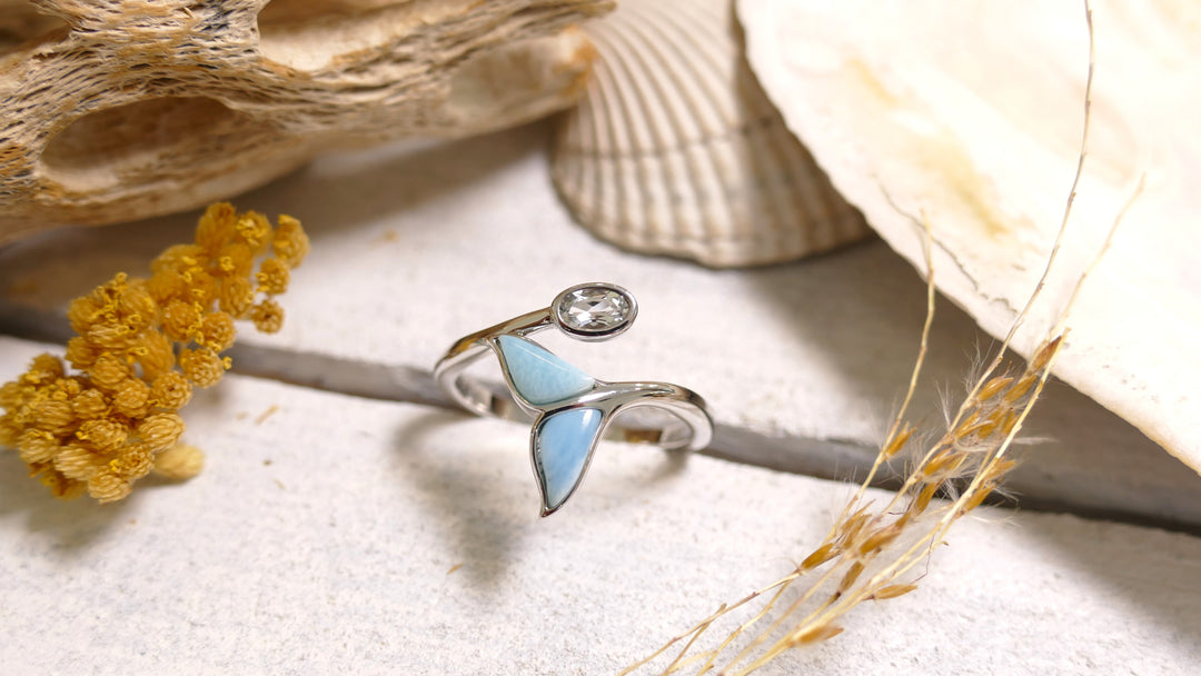 Sterling Silver - Silver Wrap Larimar Whale Tail Ring (Size 8)