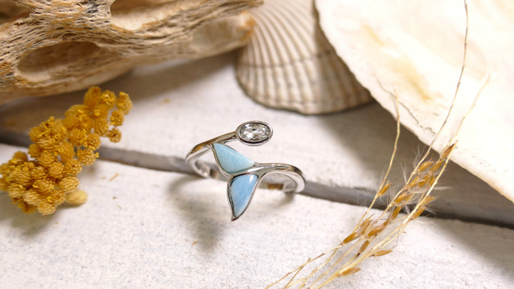 Sterling Silver - Silver Wrap Larimar Whale Tail Ring (Size 8)