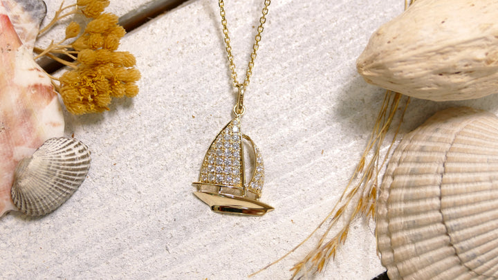 14k Yellow Gold Sailboat 0.32ct Diamond Necklace