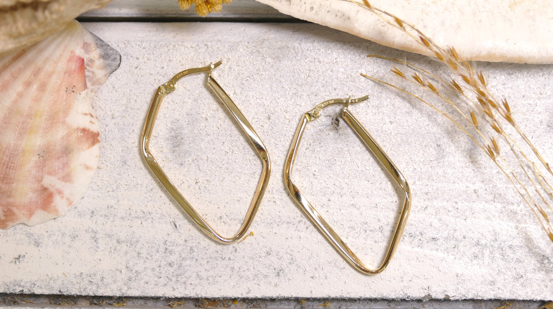 14k Yellow Gold Irregular Diamond Shape Hoop Earrings