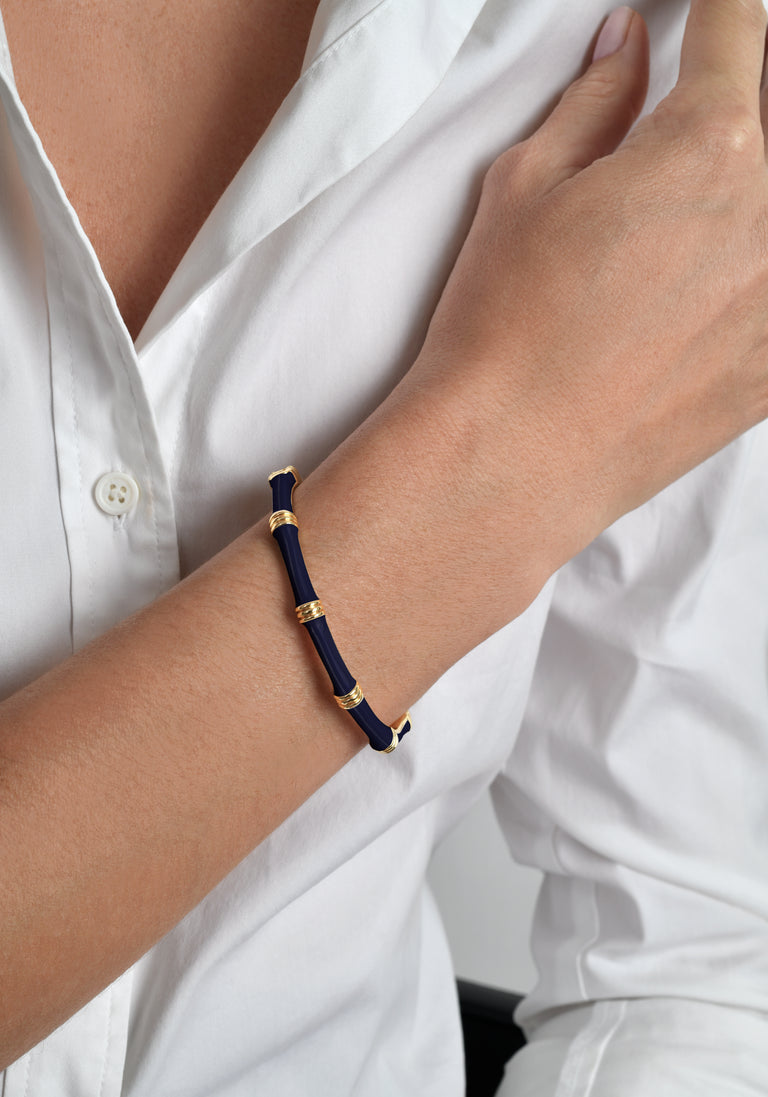 Anabel Arum - Brass - 18K Gold Plated Navy - Hinged Enamel Bangle Bamboo Bracelet