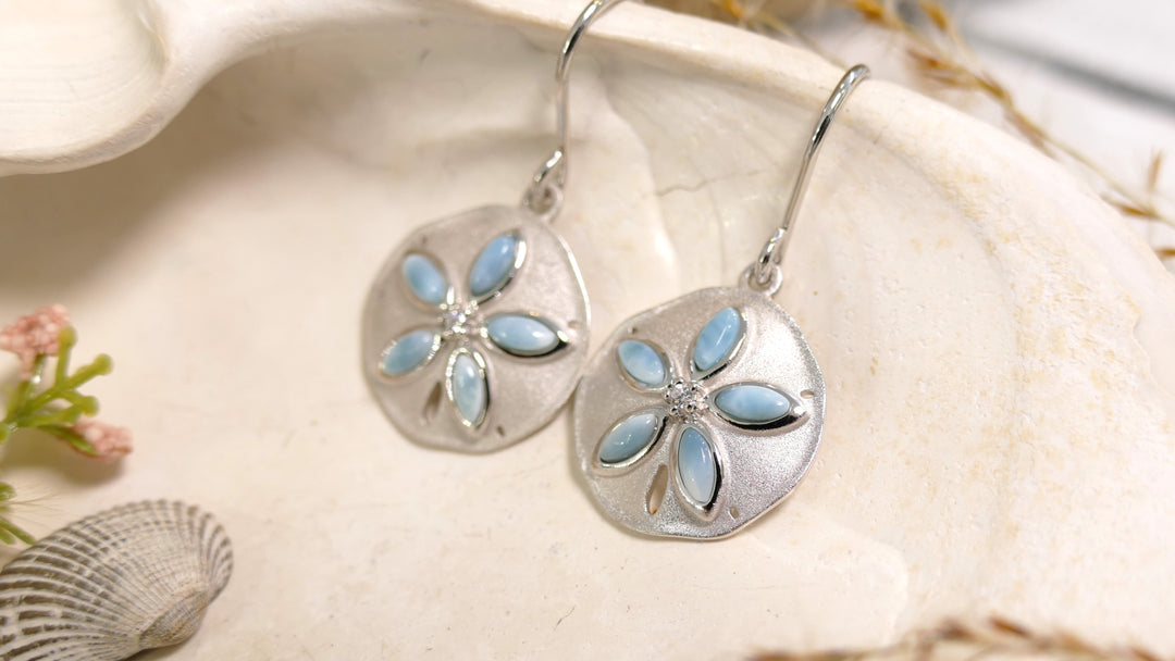 Sterling Silver - Silver Center Diamond Larimar Sanddollar Drop Earrings