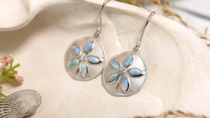 Sterling Silver - Silver Center Diamond Larimar Sanddollar Drop Earrings