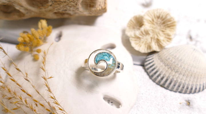 Dune - Sterling Silver - Wave 15mm Turquoise Gradient Ocean City Beach Sand Ring (Size 8)