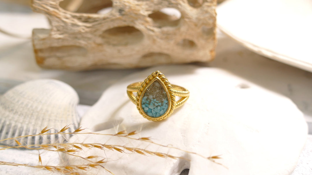 Dune - Sterling Silver - Gold Vermeil "Mermaid" Teardrop Turquoise Gradient Ring (Size 7)