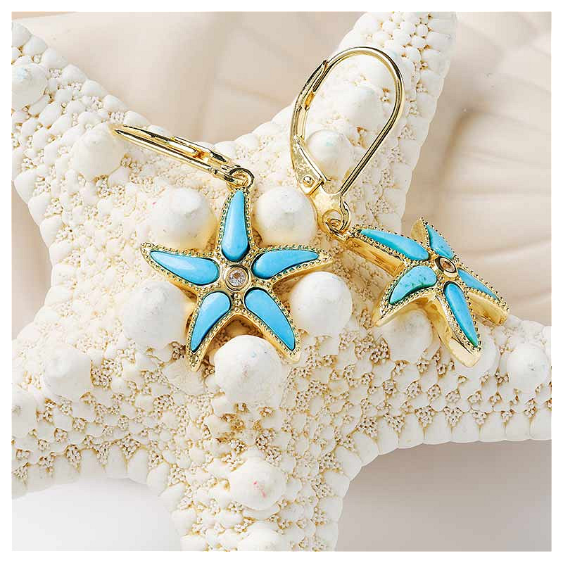 Ocean - Sterling Silver - Gold Vermeil White Lab Sapphire Turquoise Starfish Drop Earrings