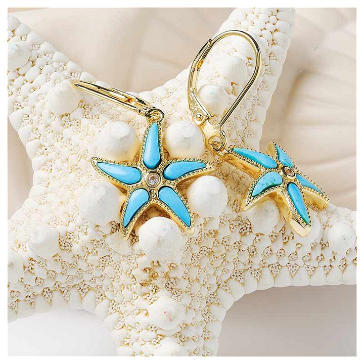 Ocean - Sterling Silver - Gold Vermeil White Lab Sapphire Turquoise Starfish Drop Earrings