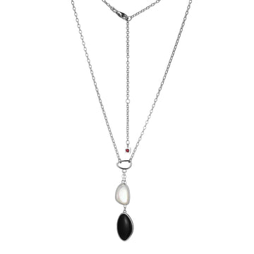 Elle - Sterling Silver - "Pebble" Black Agate & Mother of Pearl (17"+3" Rolo Chain) Pendant