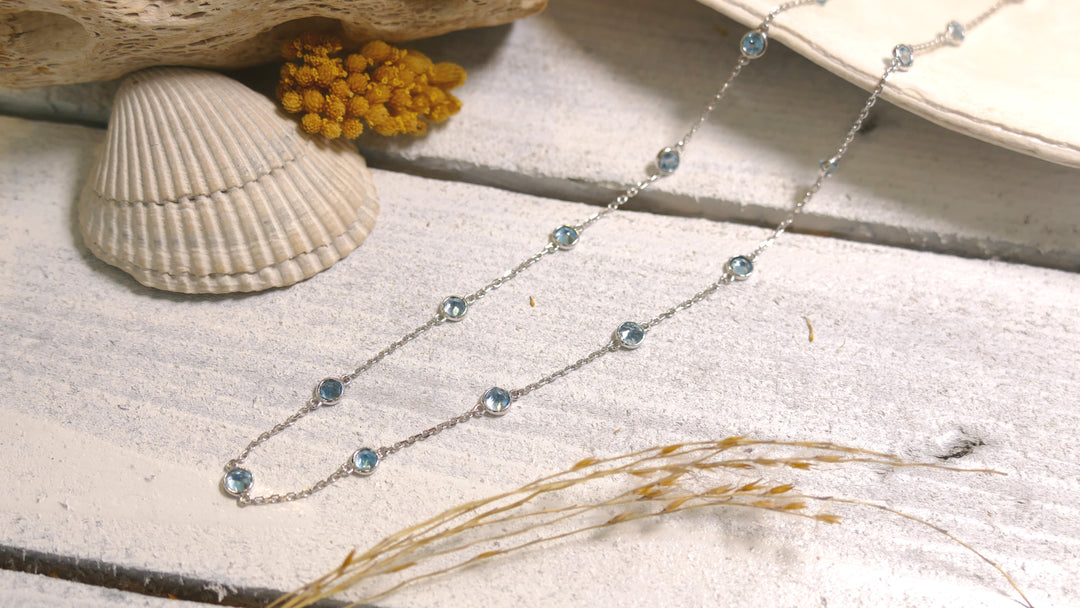 14k White Gold Station 3.18ct Blue Topaz Necklace