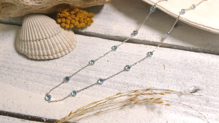 14k White Gold Station 3.18ct Blue Topaz Necklace