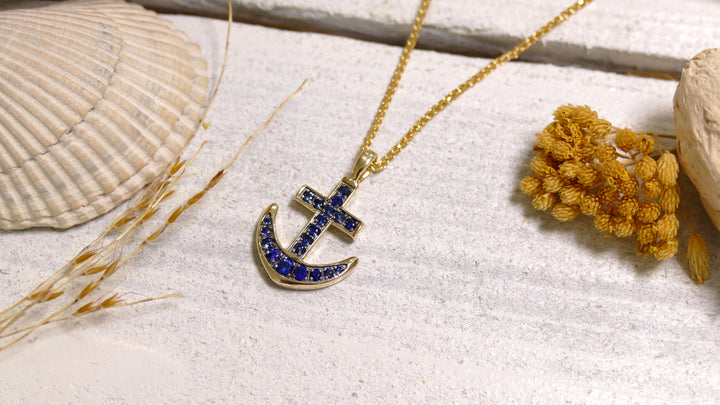 14k - Yellow Gold Sapphire Anchor Pendant