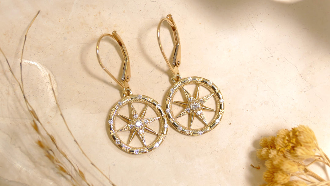 14k Yellow Gold 0.18ct Diamonds Dangle LeverBack Compass Earrings