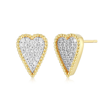 Elle - Sterling Silver - 14K Gold Plated "Long Love" Cubic Zirconia Stud Heart Earrings