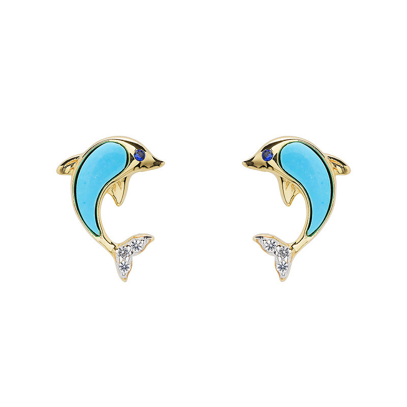 Ocean - Sterling Silver - Gold Vermeil Lab Sapphire Turquoise Dolphin Stud Earrings