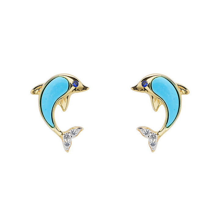 Ocean - Sterling Silver - Gold Vermeil Lab Sapphire Turquoise Dolphin Stud Earrings