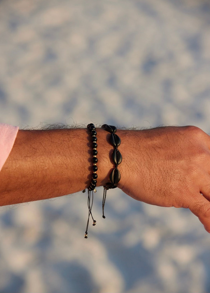 Adriana Pappas - - 14K Gold Filled -Men's- Black Jade Beaded Cord Bracelet - Adjustable