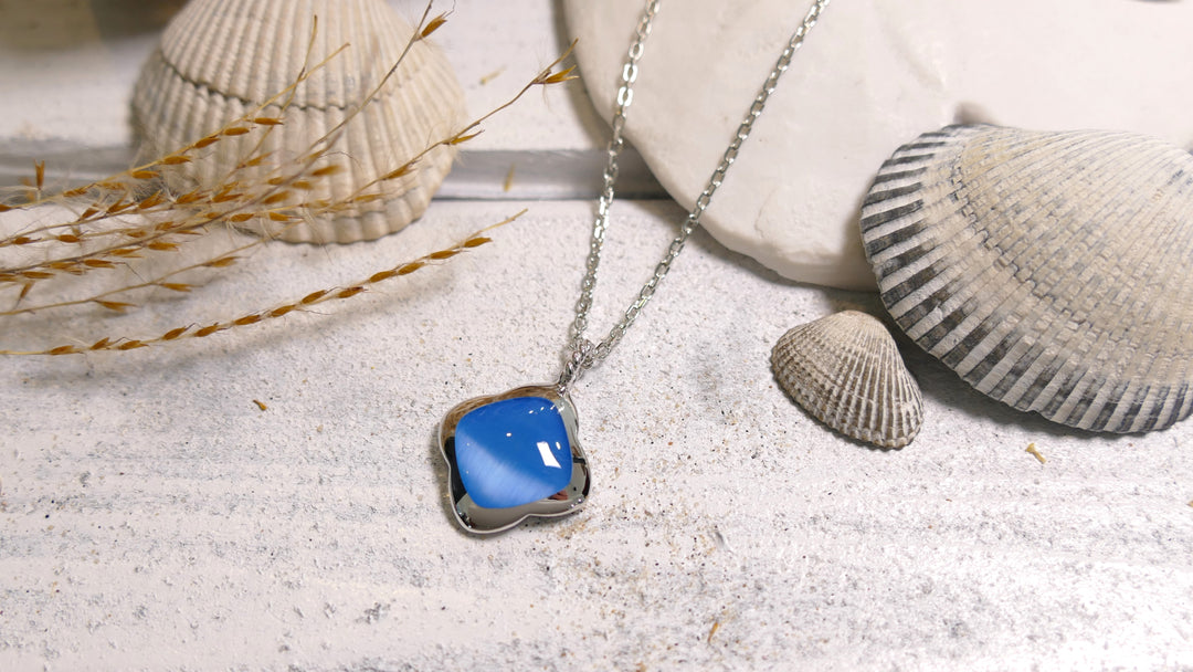 Sterling Silver - Silver Blue Cat Eye - Rhodium Clover Necklace