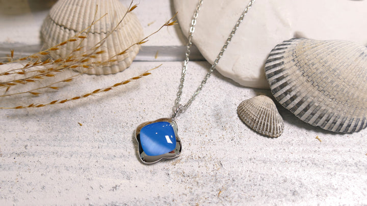 Sterling Silver - Silver Blue Cat Eye - Rhodium Clover Necklace
