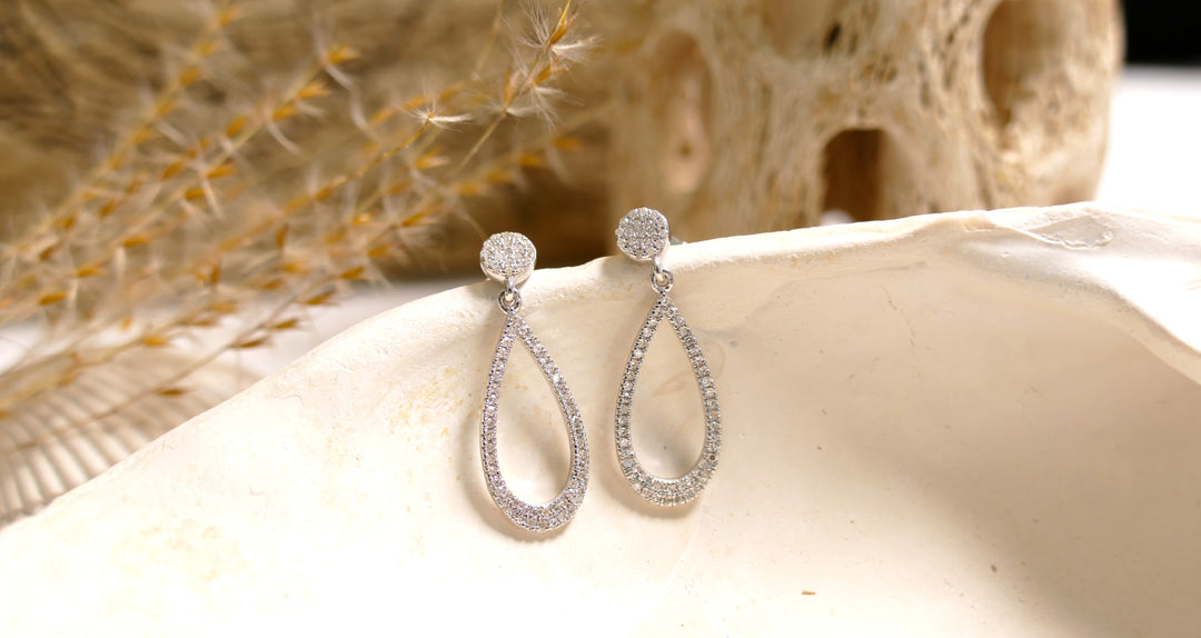 Sterling Silver - Silver Stud Pear Natural Diamond Dangle Earrings