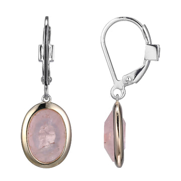 Elle - Sterling Silver - 18K Gold Plated "Mirage" Rose Quartz Oval Lever Back Earrings