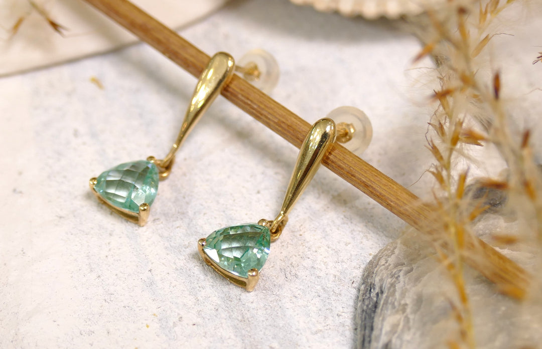 14k Yellow Gold Trillion Cut Caribbean Topaz Drop Post Dangle Earrings