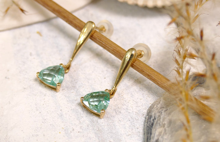 14k Yellow Gold Trillion Cut Caribbean Topaz Drop Post Dangle Earrings