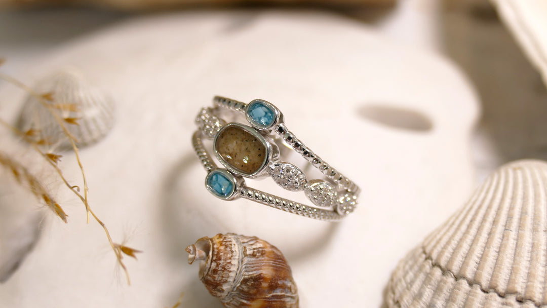 Dune - Sterling Silver - Silver Boho Stack - Turq & Sand Natural Diamond Ring (Size 8)