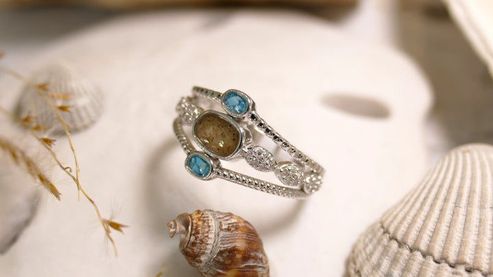 Dune - Sterling Silver - Silver Boho Stack - Turq & Sand Natural Diamond Ring (Size 8)