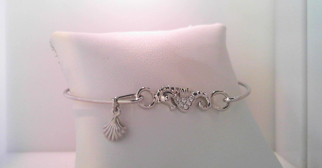 Sterling Silver - Silver Shell Charm Cubic Zirconia Bangle Sea Life Bracelet