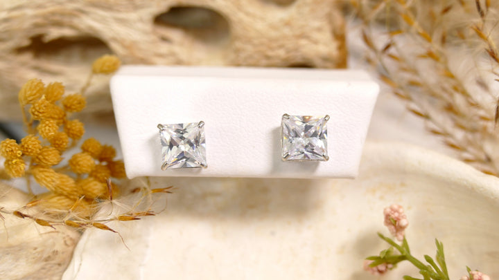 14k White Gold CZ 6mm Basket Princess Stud Earrings