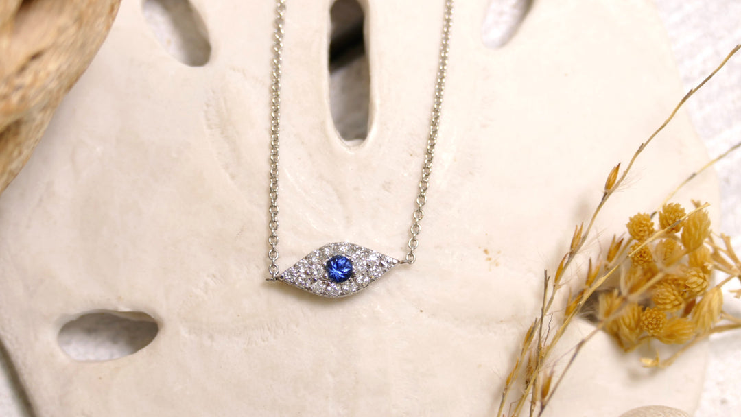 14k White Gold Diamond 0.16ct Evil Eye 0.08ct Blue Sapphire Necklace