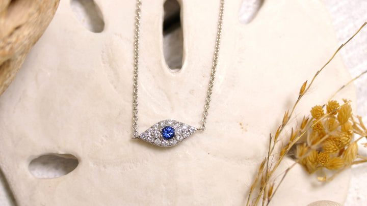 14k White Gold Diamond 0.16ct Evil Eye 0.08ct Blue Sapphire Necklace