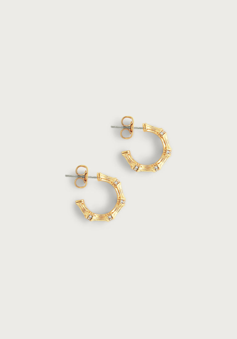 Anabel Arum - Brass - 18K Gold Plated Crystal Huggie Bamboo Earrings