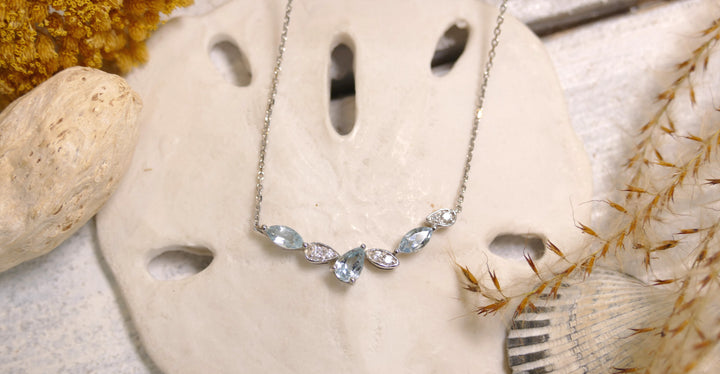 14k White Gold Marquis & Pear - Aquamarine 0.10ct Diamond Necklace