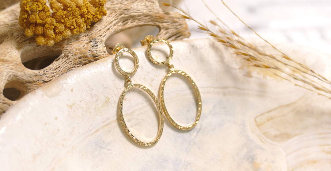 14k Yellow Gold Double Oval Dangle Earrings