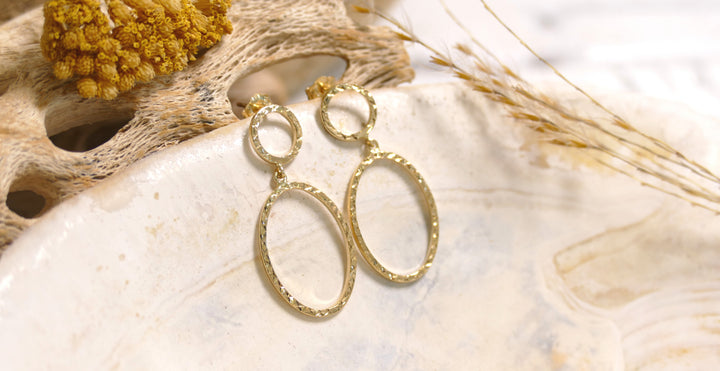 14k Yellow Gold Double Oval Dangle Earrings
