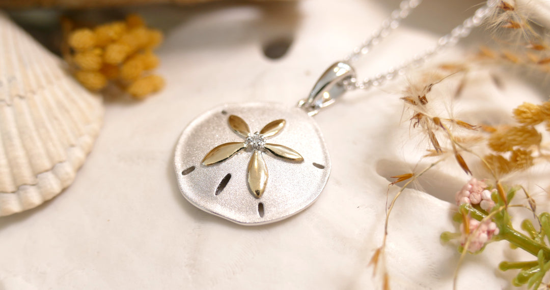 Sterling Silver - Two Tone 14K + Center Diamond Sanddollar Necklace