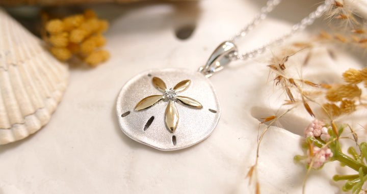 Sterling Silver - Two Tone 14K + Center Diamond Sanddollar Necklace